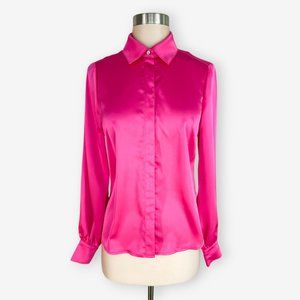 Bebe Fuschia Pink Satin Button Down Long Sleeve Blouse Crystal Buttons NEW